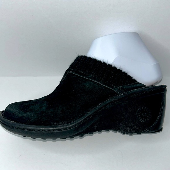 UGG Australia Gael Black Suede Clogs Wedge Heel Sheepskin Shearling Mules Sz 6 - Picture 5 of 17